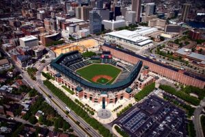 The Sports Junkies radio advertising with image of Camden Yards Stadium