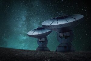 SiriusXM radio advertising image of two huge satellite dishes
